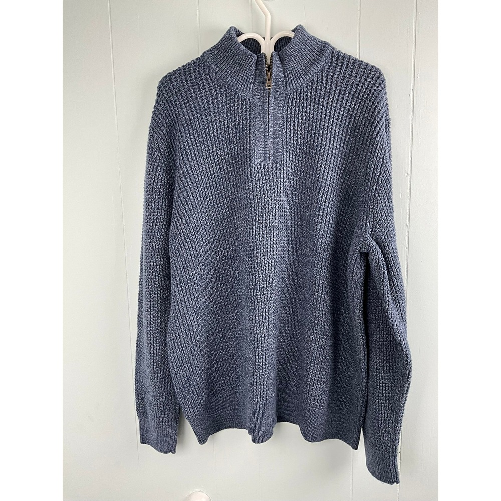LL Bean Mens XXL Blue Organic Cotton‎ Shaker Stitch Quarter Zip Sweater 508120